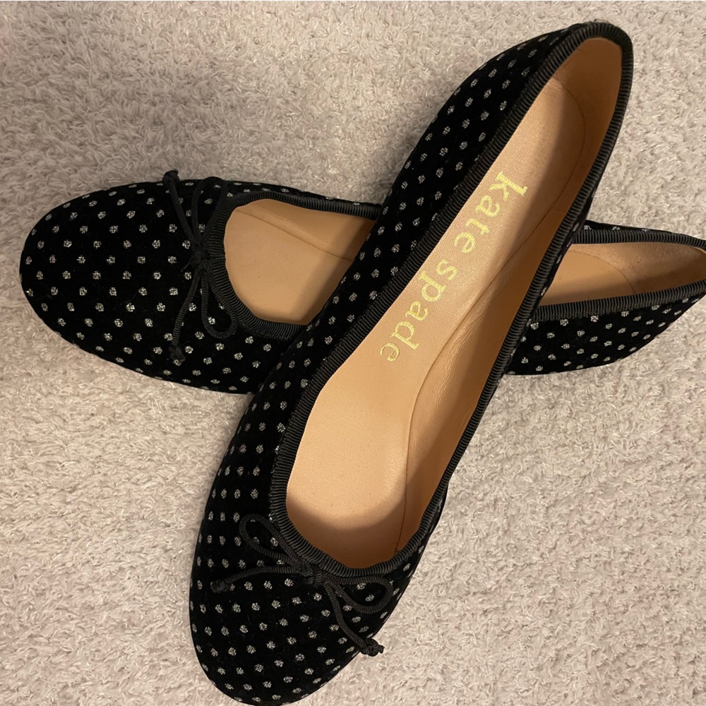 Kate Spade Honey Ballerina Flats Black Velvet with Silver Polka Dots, Size 8.5